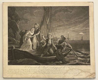 a drawing of a woman on a boat with other people