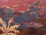 une peinture représentant une peinture d'un paysage avec un bateau sur l'eau