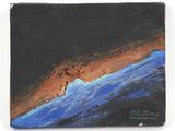 une peinture à l'huile représentant une vague bleue et marron sur fond noir
