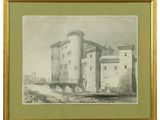 an old drawing of a castle with a bridge in the foreground