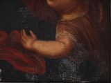 an old painting of a child holding a red cloth
