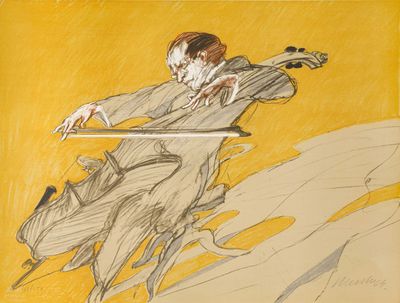 dessin représentant un homme jouant du violon sur un fond jaune