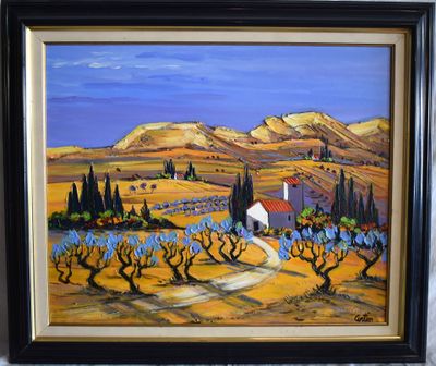 painting of a landscape with a house and olive trees in the foreground