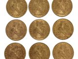 six gold sovereigns of various sizes and shapes on a white background