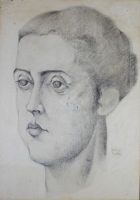 a drawing of a woman ' s face in a black and white photo