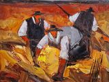 an oil painting of two men riding horses in a field