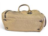 tan leather travel bag on white background with clipping for text