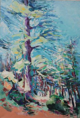 an image of a painting of a pine tree in a forest