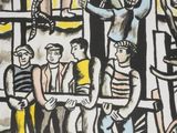 an image of a painting of a group of people standing in front of a building