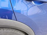 a close up of a blue car with a cat on it