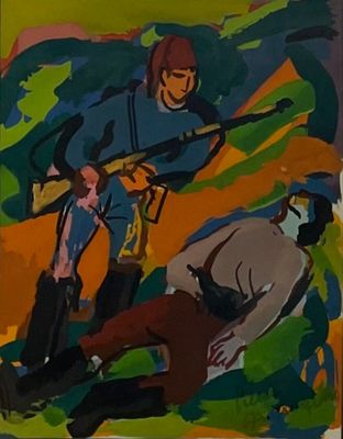 une image représentant un tableau sur lequel figurent un homme armé et un autre homme armé