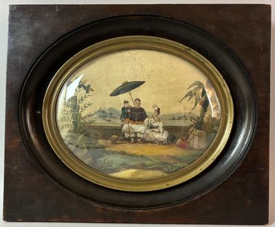 a picture of a picture of a woman and a man sitting on a bench