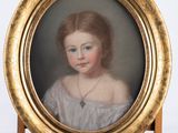 portrait of a young girl in a white dress by an easel