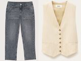 deux modèles différents de jeans et un gilet sur fond blanc