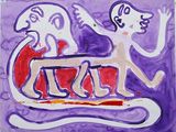 tableau dans les tons violets et rouges représentant une femme et un chien sur un traîneau