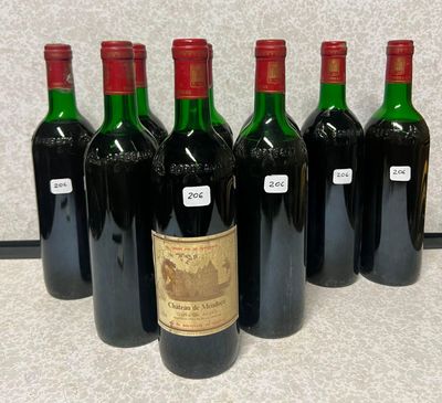 six bouteilles de vin sont alignées sur un comptoir