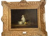 painting of a still life with a white pitcher and fruit on a table