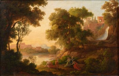 an image of a painting of a river scene with a castle in the background