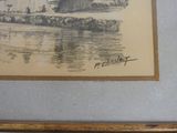 drawing of a view of a river with a building in the background