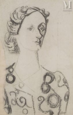 drawing of a woman with a necklace and earrings on her neck