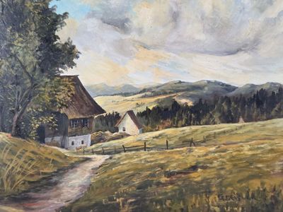 a painting of a farm with a thatched roof and a dirt road