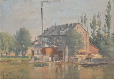 painting of a house on the water with a boat in front of it