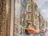 a painting of people walking down a street in a city