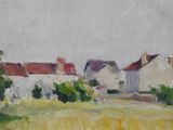 an oil painting of a field with houses in the background