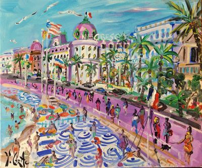 painting of a beach scene with people and umbrellas on a sunny day