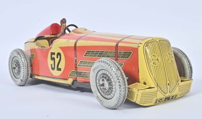 a red and yellow toy car with a number 52 on it