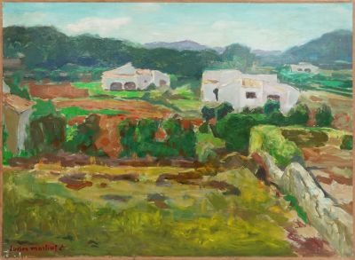 une peinture à l'huile représentant une scène de campagne avec une maison blanche au loin