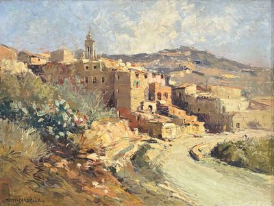 an image of a painting of a small town on a hill