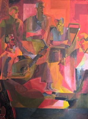 painting of a group of people playing instruments in a brightly colored room