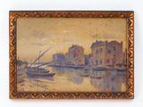 an old painting of boats in a harbor with buildings in the background