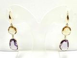 amethorate and citrine earrings on display on a white mannequin