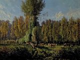 peinture représentant une scène fluviale avec des vaches qui paissent au premier plan et des arbres à l'arrière-plan