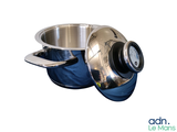 a silver bowl with a black lid and a blue cover