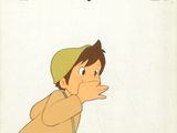 cellule d'animation représentant un jeune garçon coiffé d'un chapeau vert, la main sur le visage