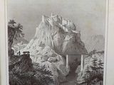 a picture of a picture of a mountain with a castle on it