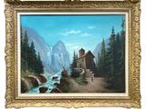 une peinture à l'huile représentant un paysage de montagne avec une cabane et un ruisseau
