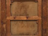 a close up of a wooden frame with a window in the middle