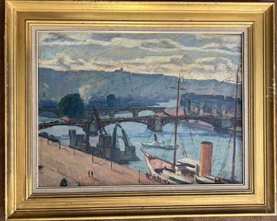 a picture of a painting of a bridge over a body of water