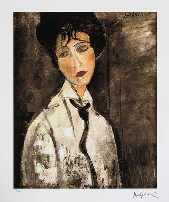 tableau représentant une femme vêtue d'une chemise blanche et d'une cravate noire