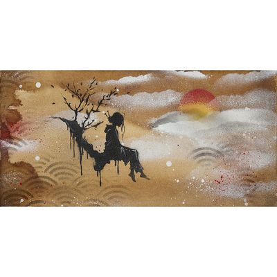 tableau représentant un homme à cheval dans la neige, avec un arc-en-ciel en arrière-plan
