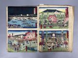 four small japanese woodblocks depicting scenes of boats and people in a harbor