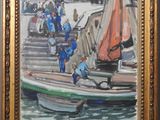a painting of a group of people on a boat in the water