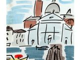 une image représentant un dessin d'un bateau dans l'eau près d'un bâtiment