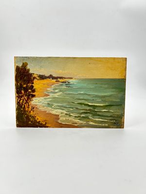 an image of a painting of a beach scene on a white background