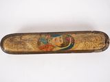 an old wooden case with a painting of a woman on it
