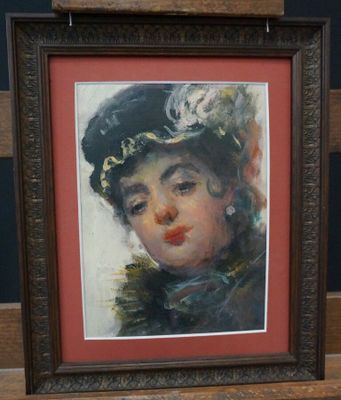 tableau représentant une femme coiffée d'un chapeau et vêtue d'un manteau de fourrure, assise sur un banc en bois